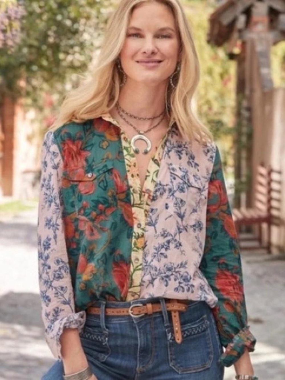 Sundance  Shirt Top Blouse Womens XL Floral Patchwork Lightweight Boho Beach